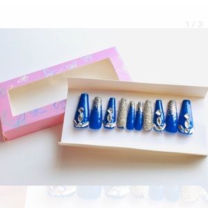 Hand painted blue rhinestoned press on nails